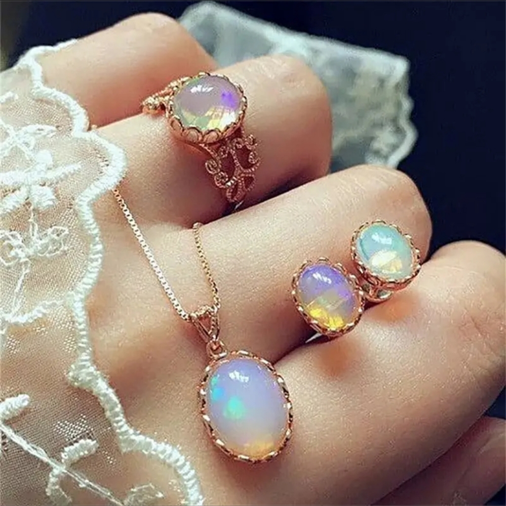 White Opal Jewelry Set Rose Gold Romantic Antique Style 3 piece Gift Set